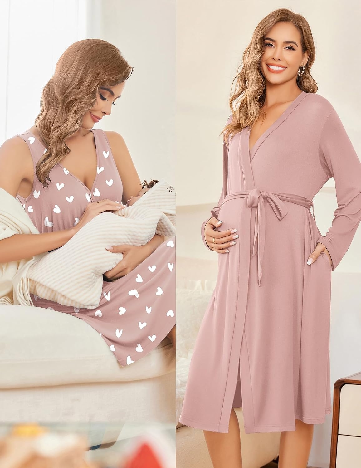 image:imageEkouaer Maternity Nursing Gown and Robe Set Labor Delivery NightgownsMauve Heart