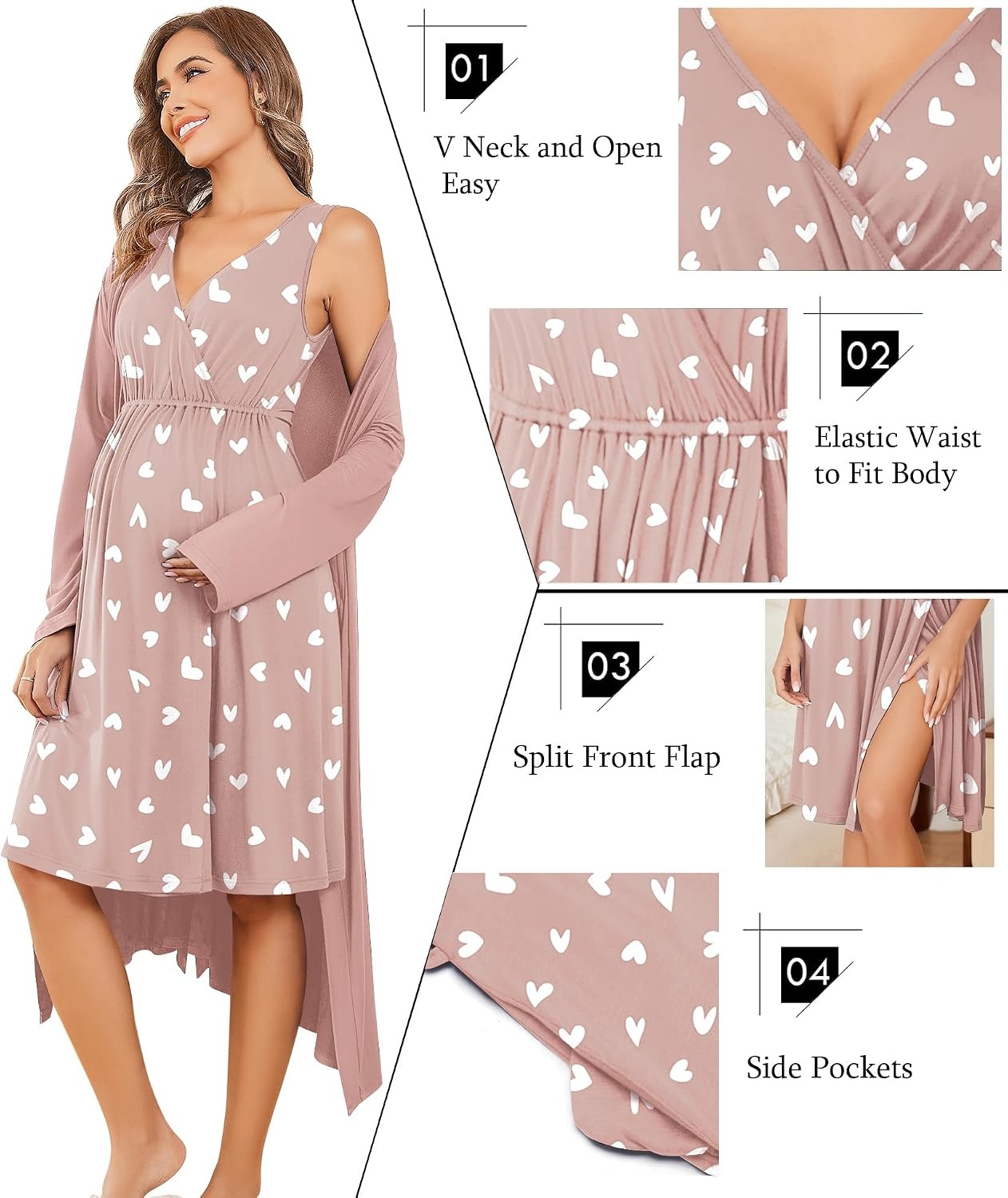 image:imageEkouaer Maternity Nursing Gown and Robe Set Labor Delivery NightgownsMauve Heart