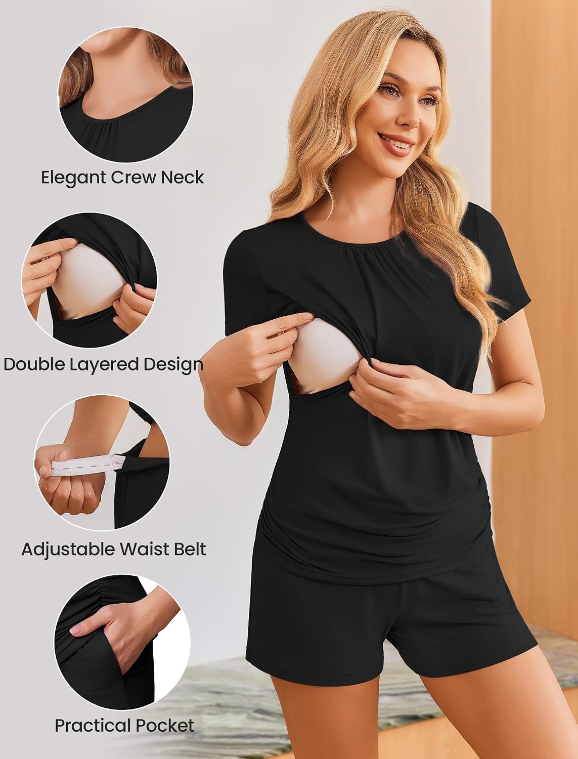 image:imageEkouaer Maternity Nursing Pajamas Set 3 Piece Postpartum Breastfeeding PjsBlack