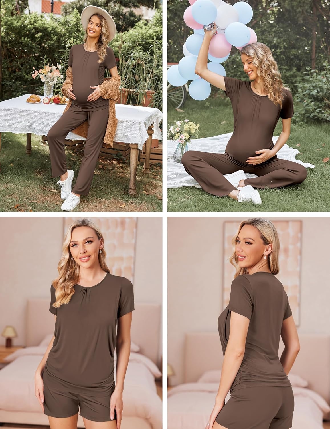 image:imageEkouaer Maternity Nursing Pajamas Set 3 Piece Postpartum Breastfeeding PjsBrown