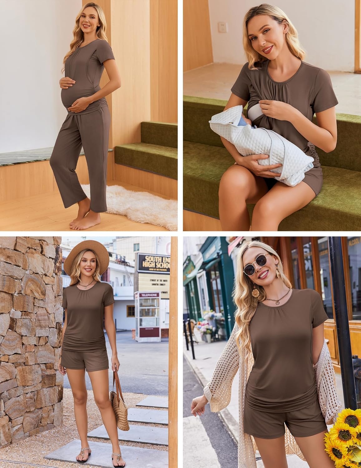 image:imageEkouaer Maternity Nursing Pajamas Set 3 Piece Postpartum Breastfeeding PjsBrown