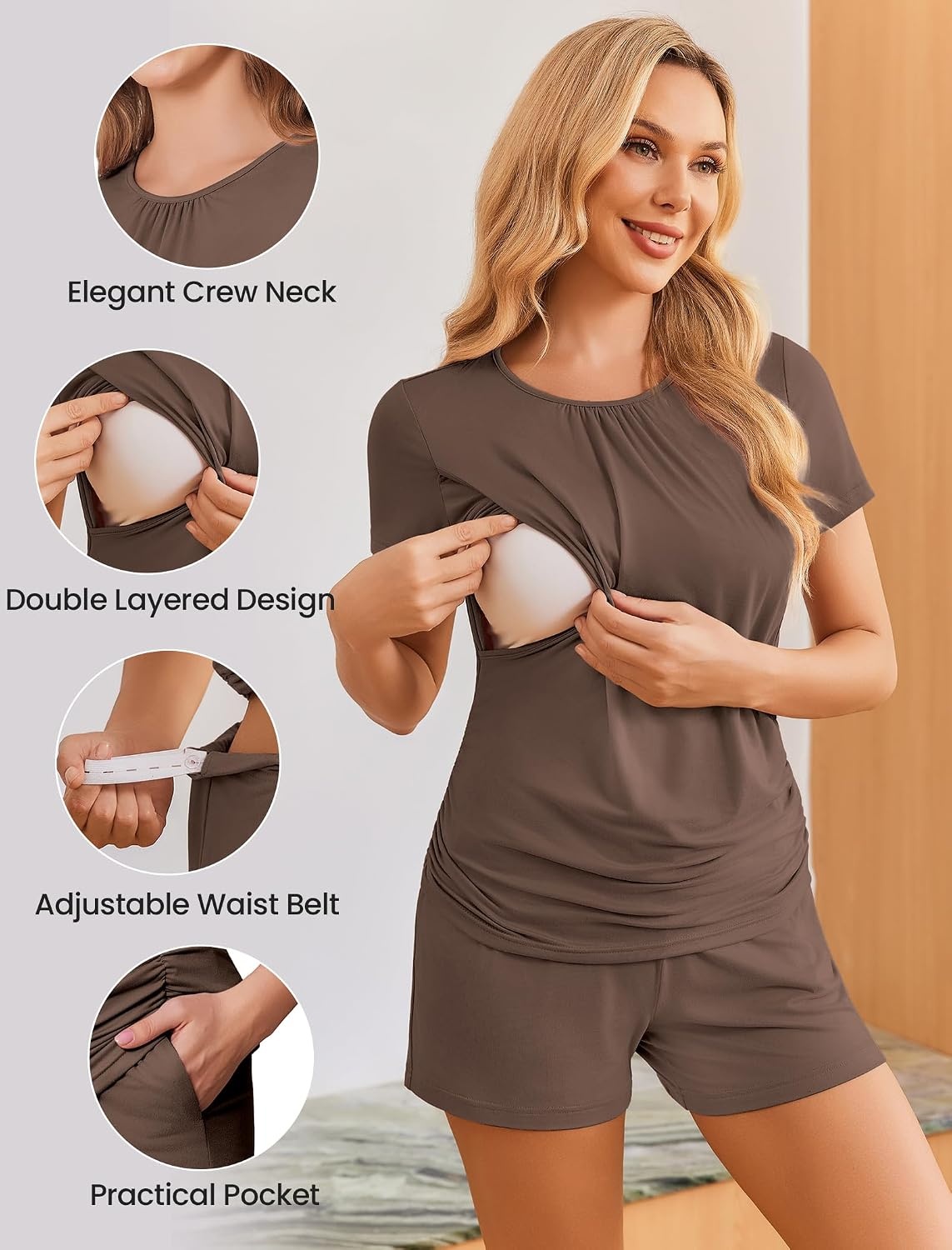 image:imageEkouaer Maternity Nursing Pajamas Set 3 Piece Postpartum Breastfeeding PjsBrown