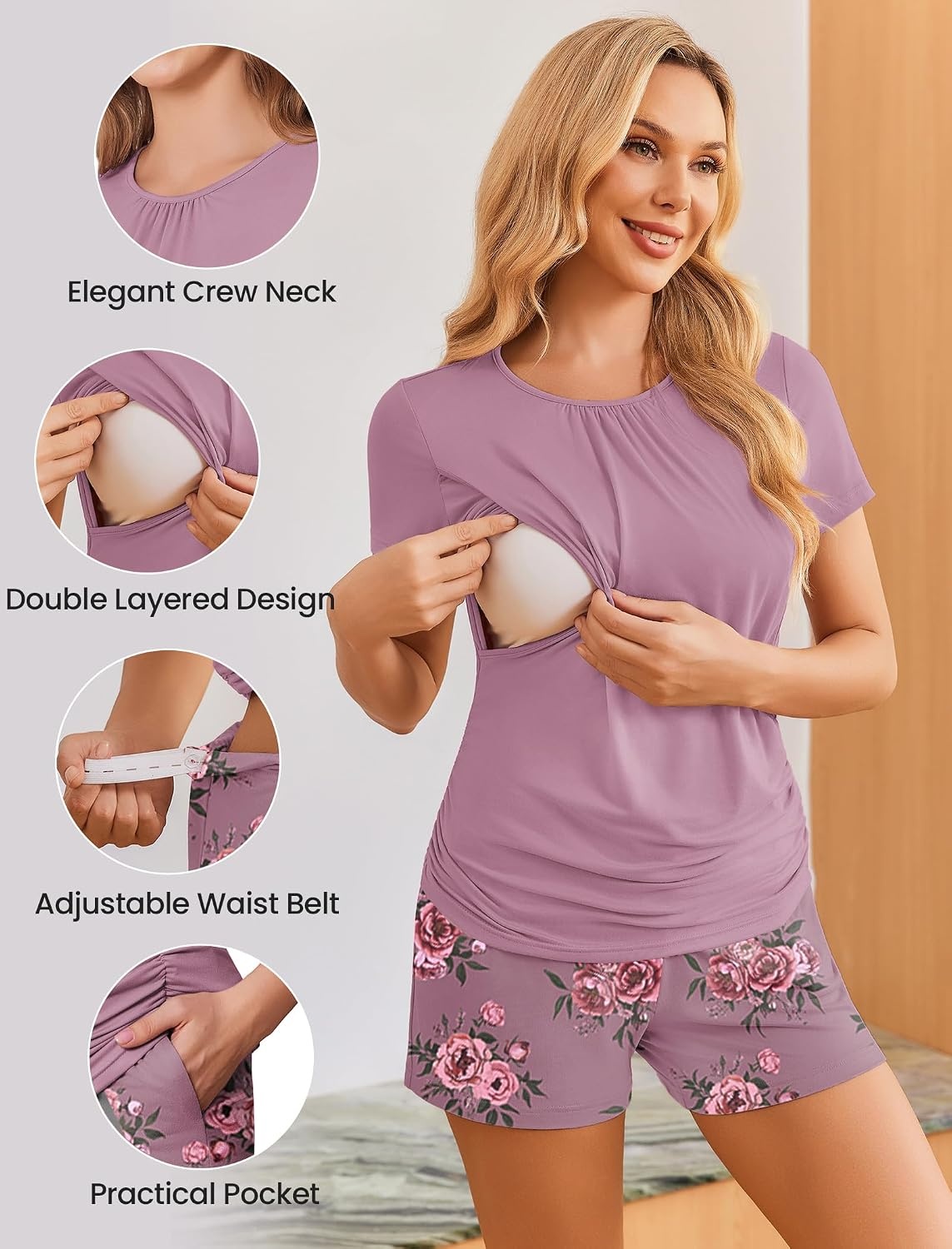 image:imageEkouaer Maternity Nursing Pajamas Set 3 Piece Postpartum Breastfeeding PjsFloral Lilac
