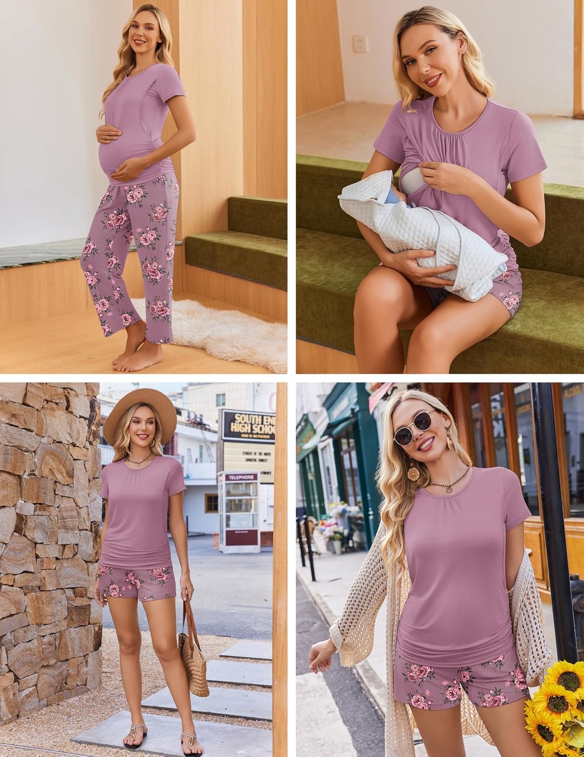 image:imageEkouaer Maternity Nursing Pajamas Set 3 Piece Postpartum Breastfeeding PjsFloral Lilac