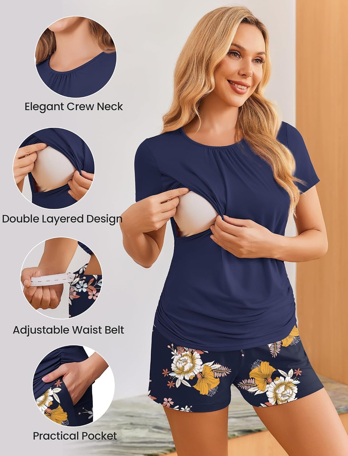image:imageEkouaer Maternity Nursing Pajamas Set 3 Piece Postpartum Breastfeeding PjsFloral Navy Blue