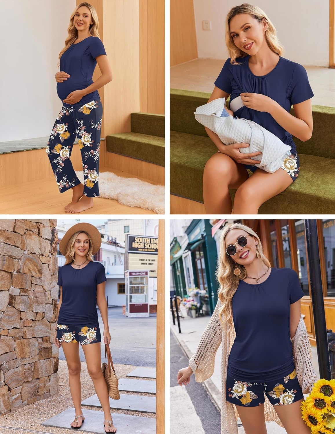 image:imageEkouaer Maternity Nursing Pajamas Set 3 Piece Postpartum Breastfeeding PjsFloral Navy Blue