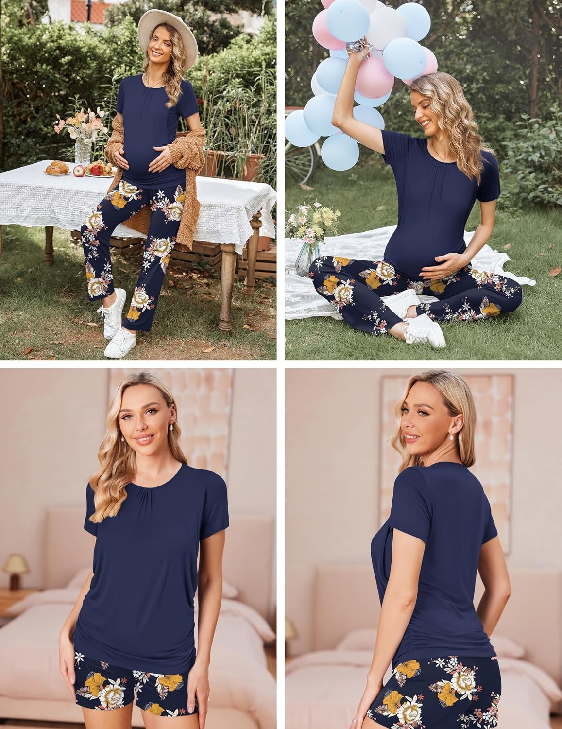 image:imageEkouaer Maternity Nursing Pajamas Set 3 Piece Postpartum Breastfeeding PjsFloral Navy Blue