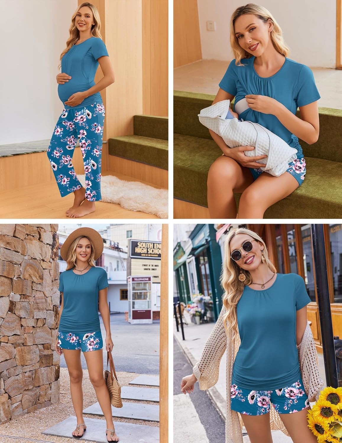 image:imageEkouaer Maternity Nursing Pajamas Set 3 Piece Postpartum Breastfeeding PjsFloral Teal