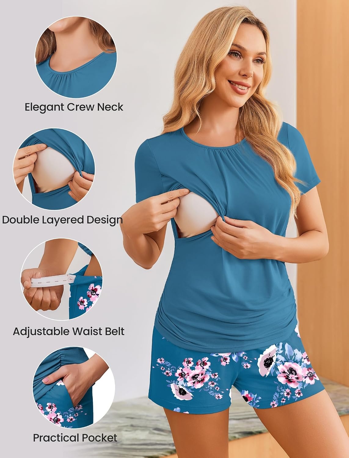 image:imageEkouaer Maternity Nursing Pajamas Set 3 Piece Postpartum Breastfeeding PjsFloral Teal