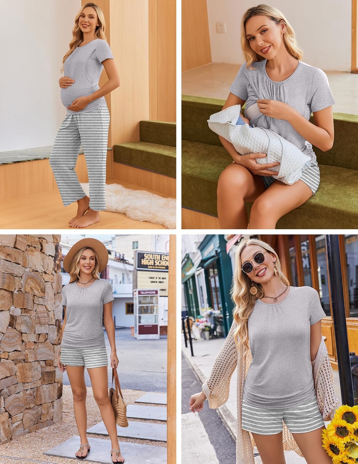 image:imageEkouaer Maternity Nursing Pajamas Set 3 Piece Postpartum Breastfeeding PjsLight Gray Stripe