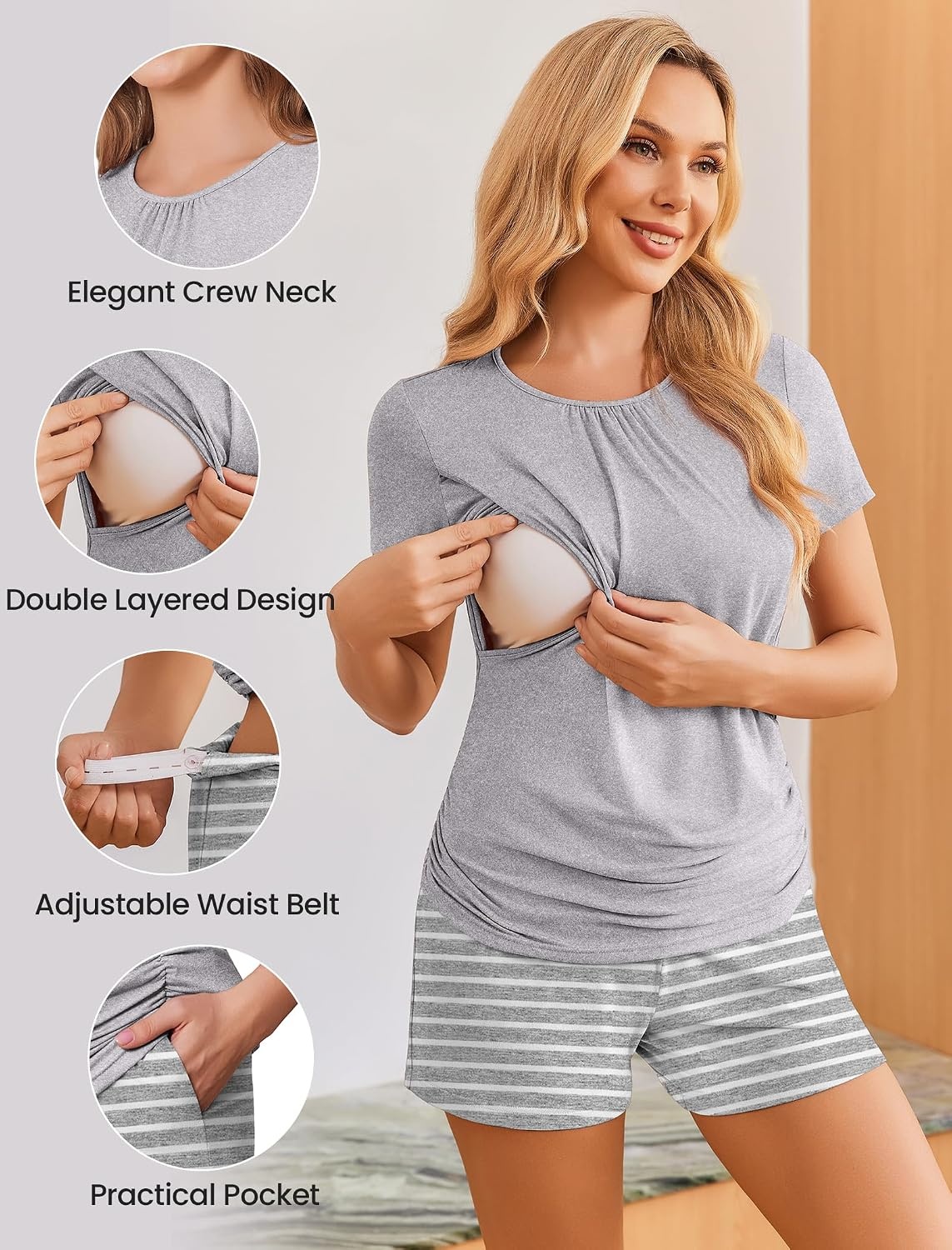 image:imageEkouaer Maternity Nursing Pajamas Set 3 Piece Postpartum Breastfeeding PjsLight Gray Stripe