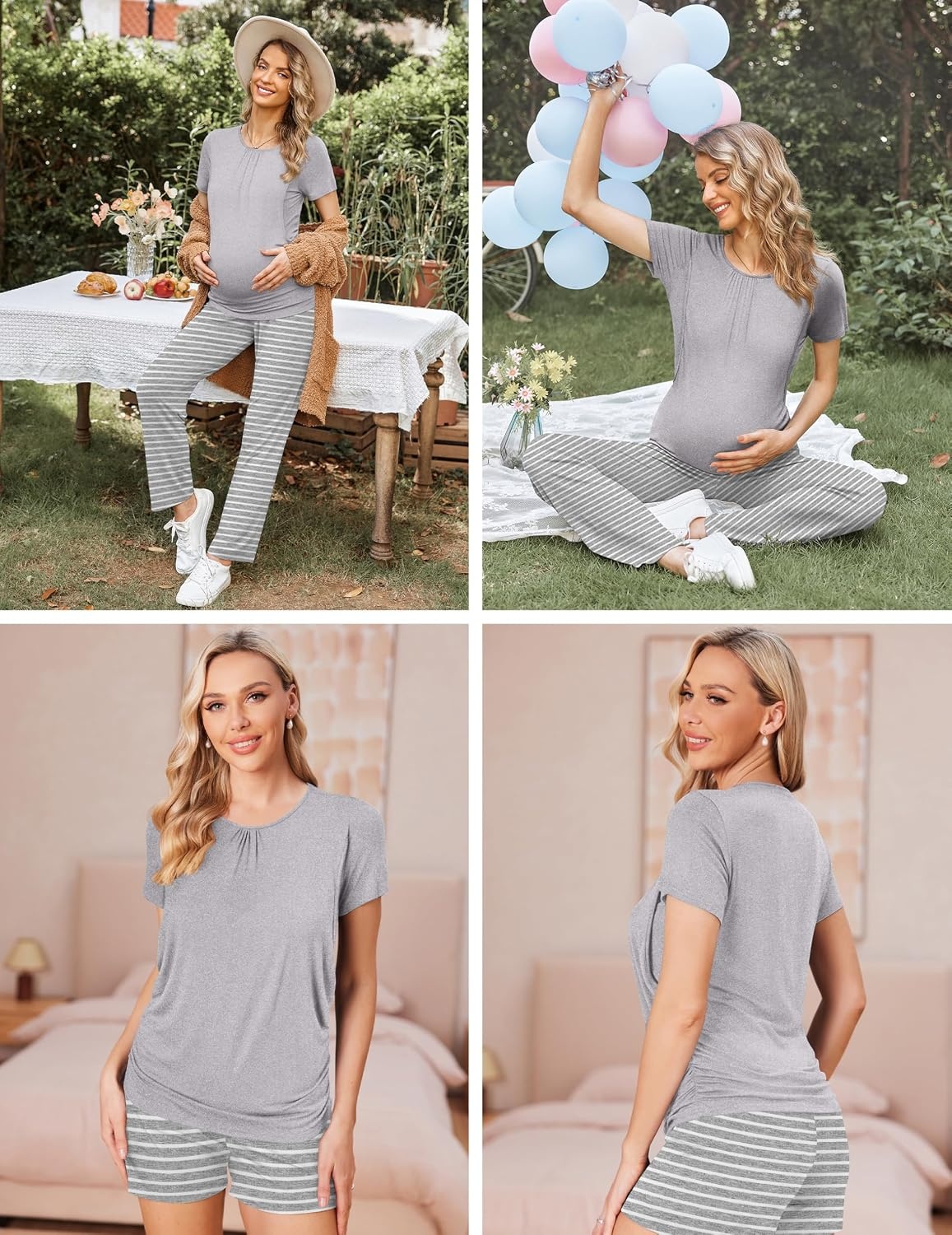 image:imageEkouaer Maternity Nursing Pajamas Set 3 Piece Postpartum Breastfeeding PjsLight Gray Stripe