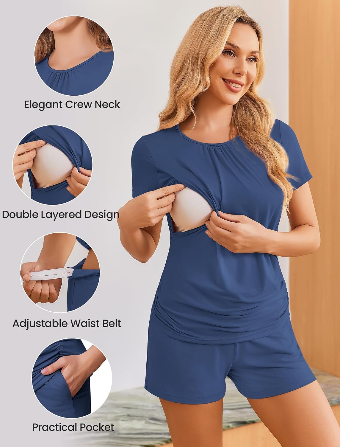 image:imageEkouaer Maternity Nursing Pajamas Set 3 Piece Postpartum Breastfeeding PjsNavy Blue