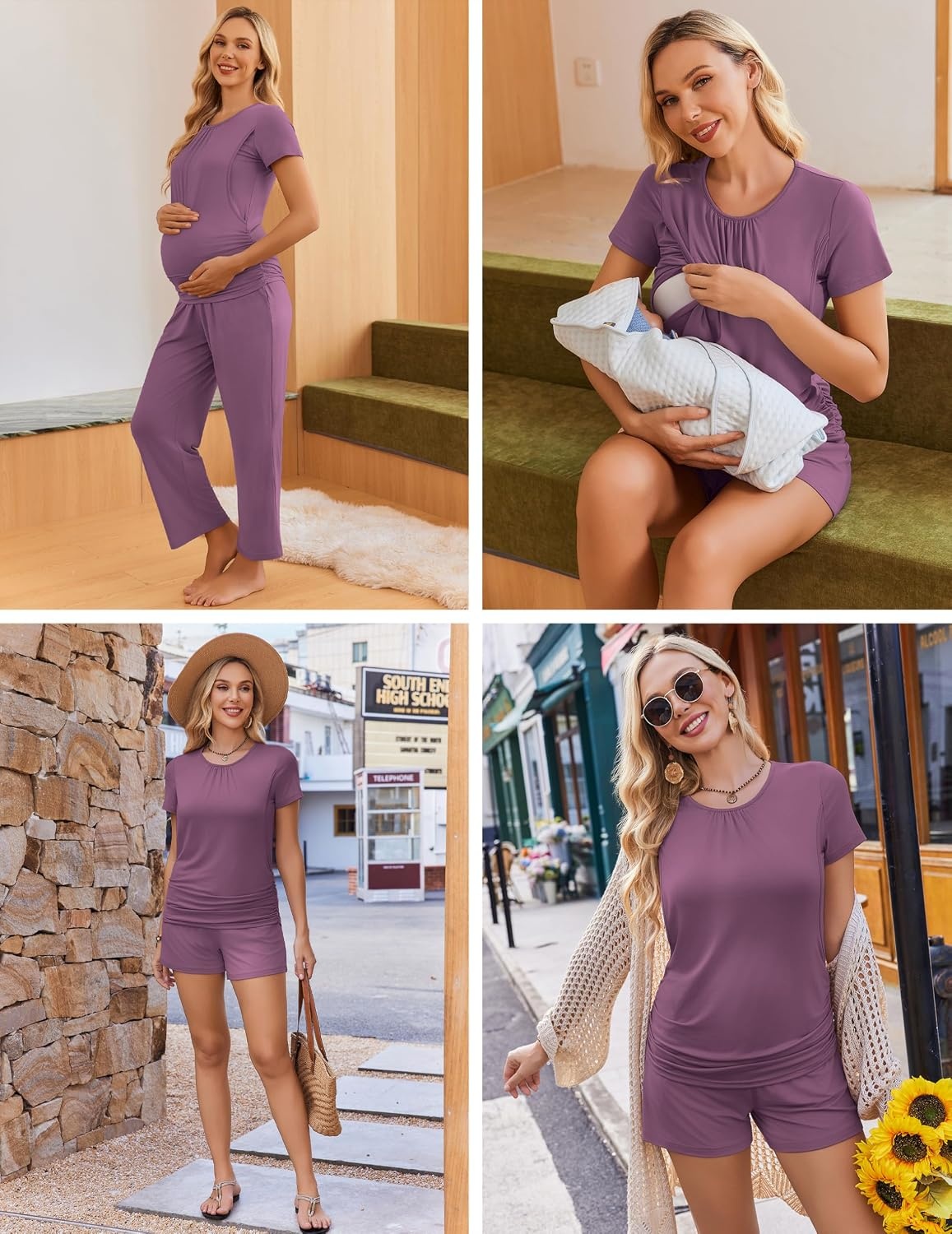 image:imageEkouaer Maternity Nursing Pajamas Set 3 Piece Postpartum Breastfeeding PjsPurple Red
