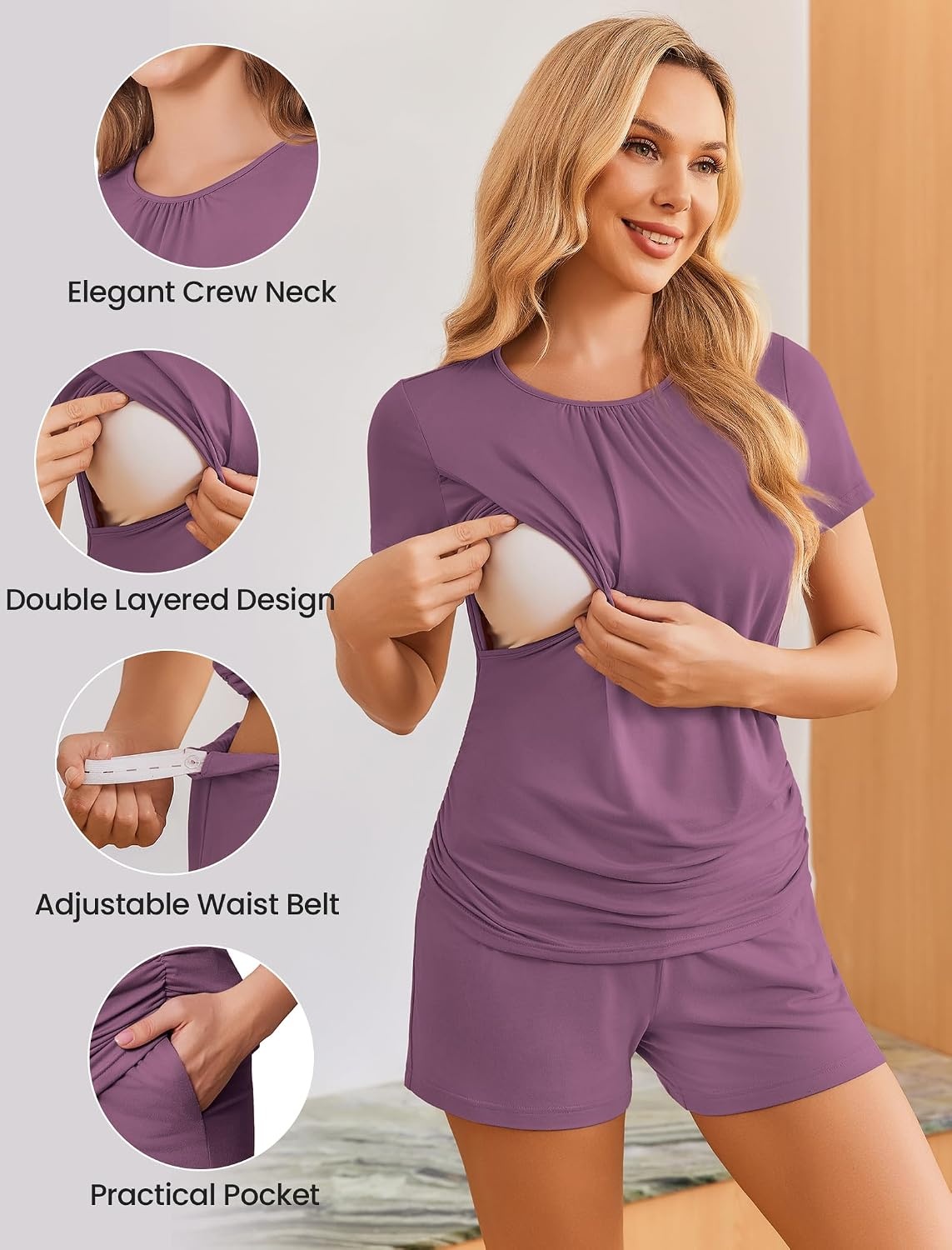 image:imageEkouaer Maternity Nursing Pajamas Set 3 Piece Postpartum Breastfeeding PjsPurple Red