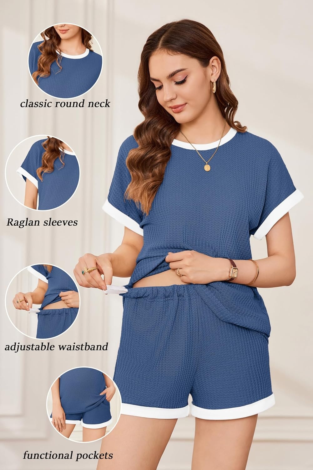 image:imageEkouaer Maternity Pajamas 2 Piece Outfits Waffle Knit Pregnancy SleepwearBlue