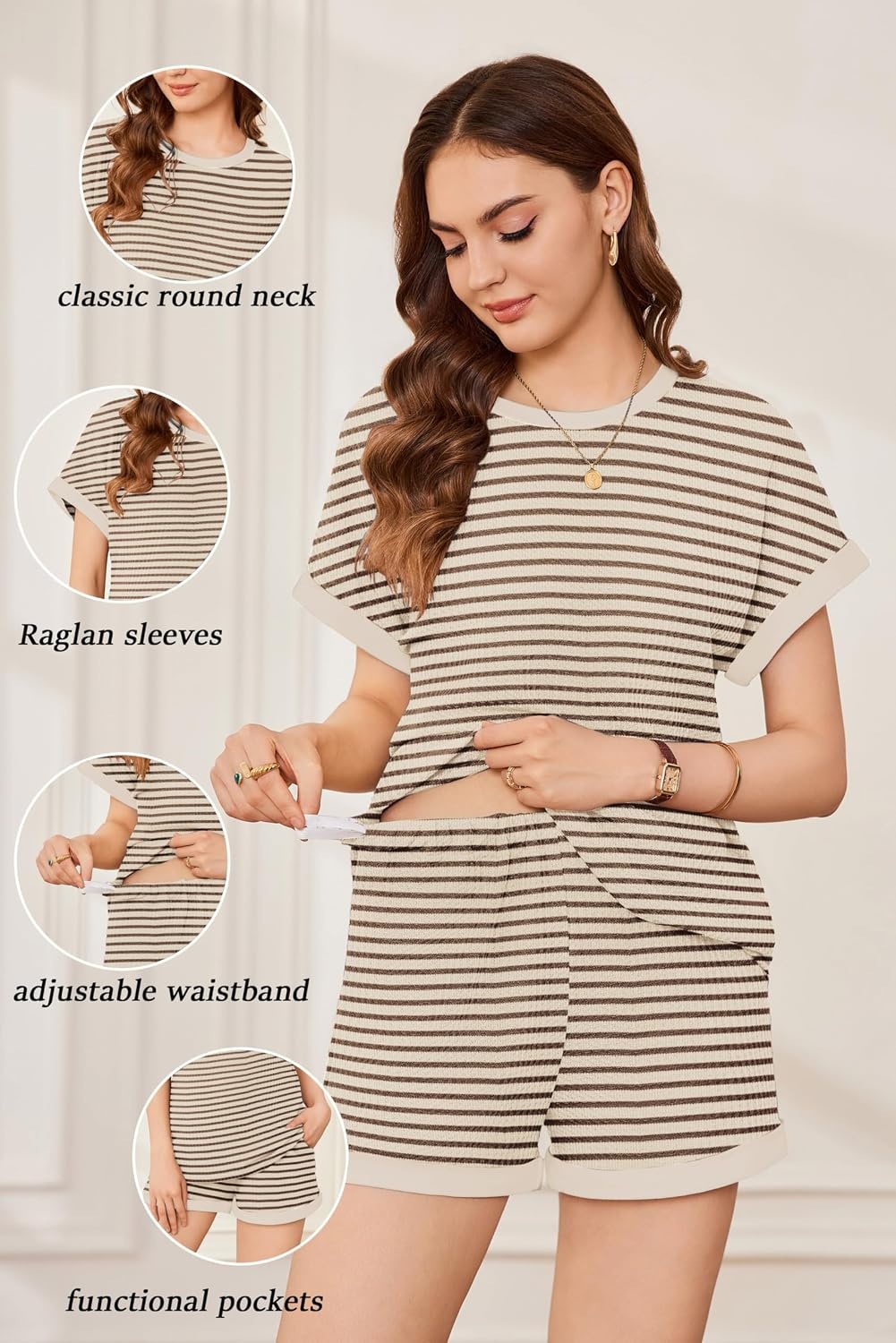 image:imageEkouaer Maternity Pajamas 2 Piece Outfits Waffle Knit Pregnancy SleepwearBrown Stripes
