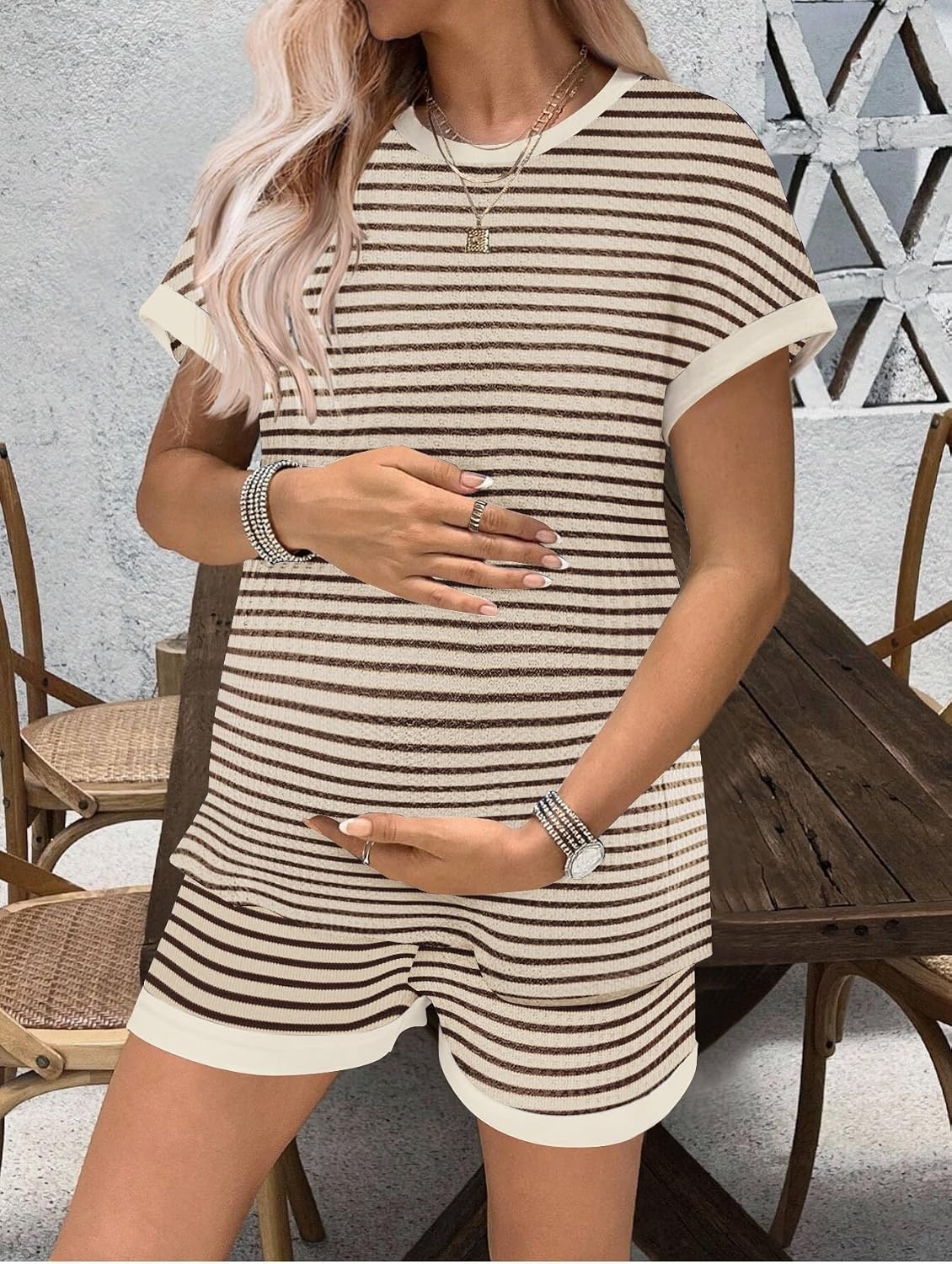 image:imageEkouaer Maternity Pajamas 2 Piece Outfits Waffle Knit Pregnancy SleepwearBrown Stripes