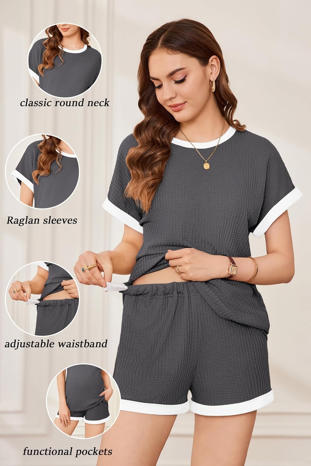 image:imageEkouaer Maternity Pajamas 2 Piece Outfits Waffle Knit Pregnancy SleepwearDark Grey