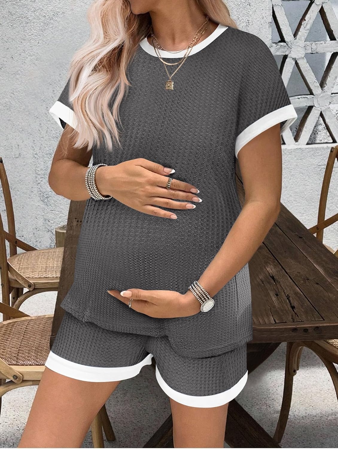 image:imageEkouaer Maternity Pajamas 2 Piece Outfits Waffle Knit Pregnancy SleepwearDark Grey