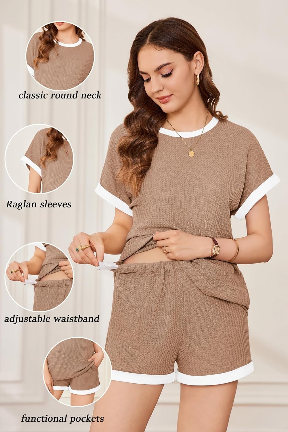 image:imageEkouaer Maternity Pajamas 2 Piece Outfits Waffle Knit Pregnancy SleepwearLight Khaki