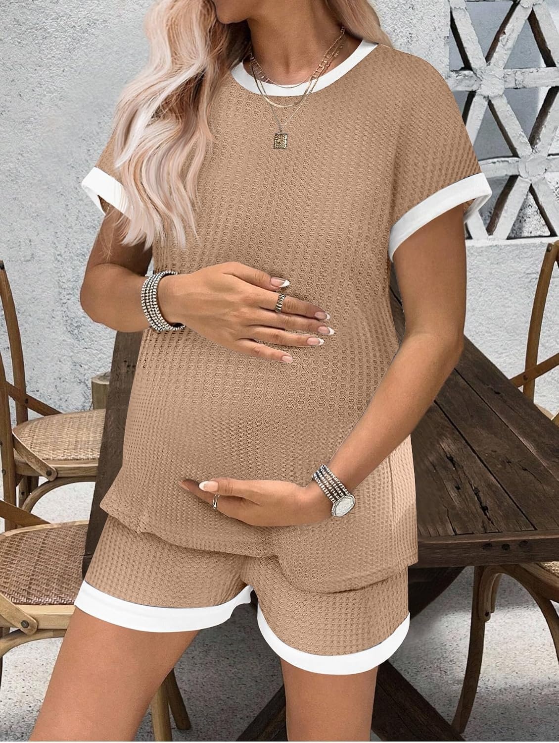 image:imageEkouaer Maternity Pajamas 2 Piece Outfits Waffle Knit Pregnancy SleepwearLight Khaki