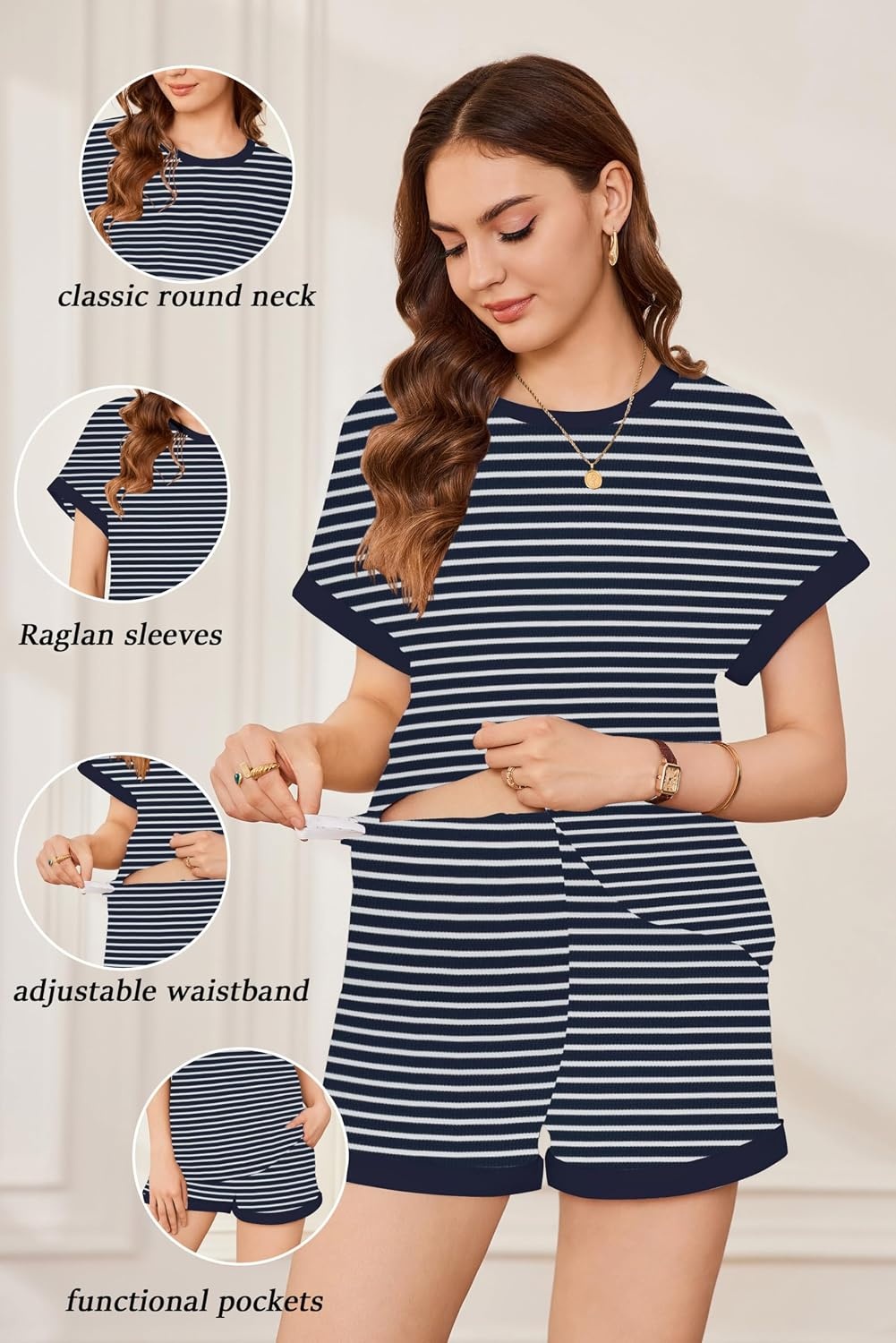 image:imageEkouaer Maternity Pajamas 2 Piece Outfits Waffle Knit Pregnancy SleepwearNavy Stripes