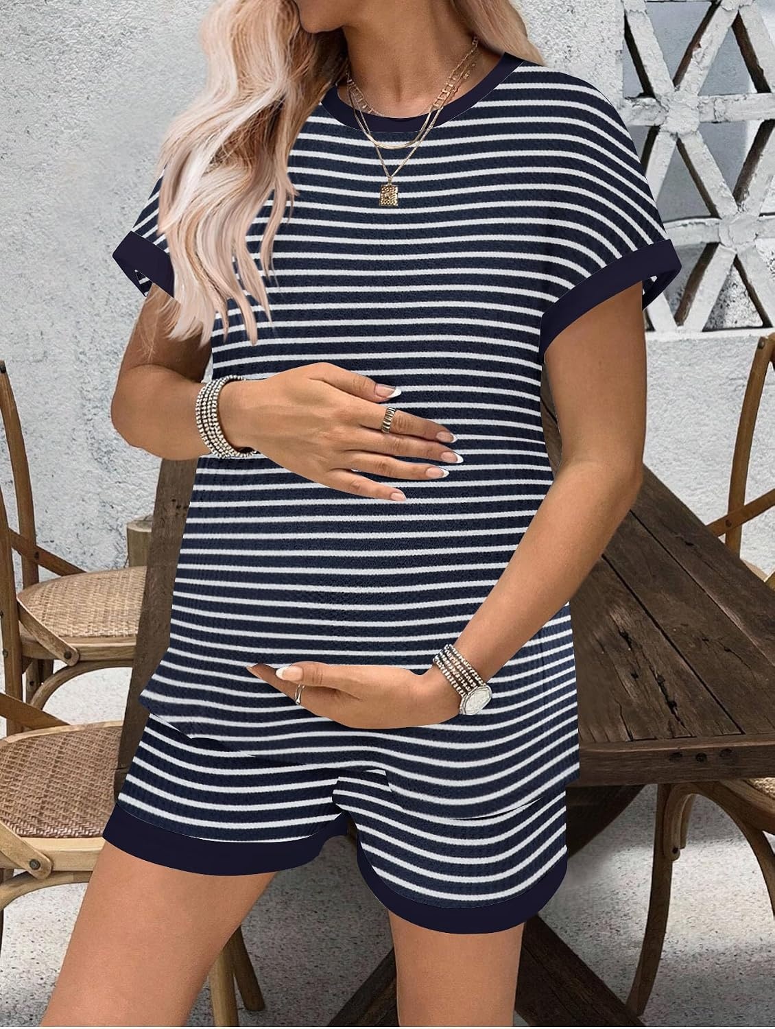 image:imageEkouaer Maternity Pajamas 2 Piece Outfits Waffle Knit Pregnancy SleepwearNavy Stripes