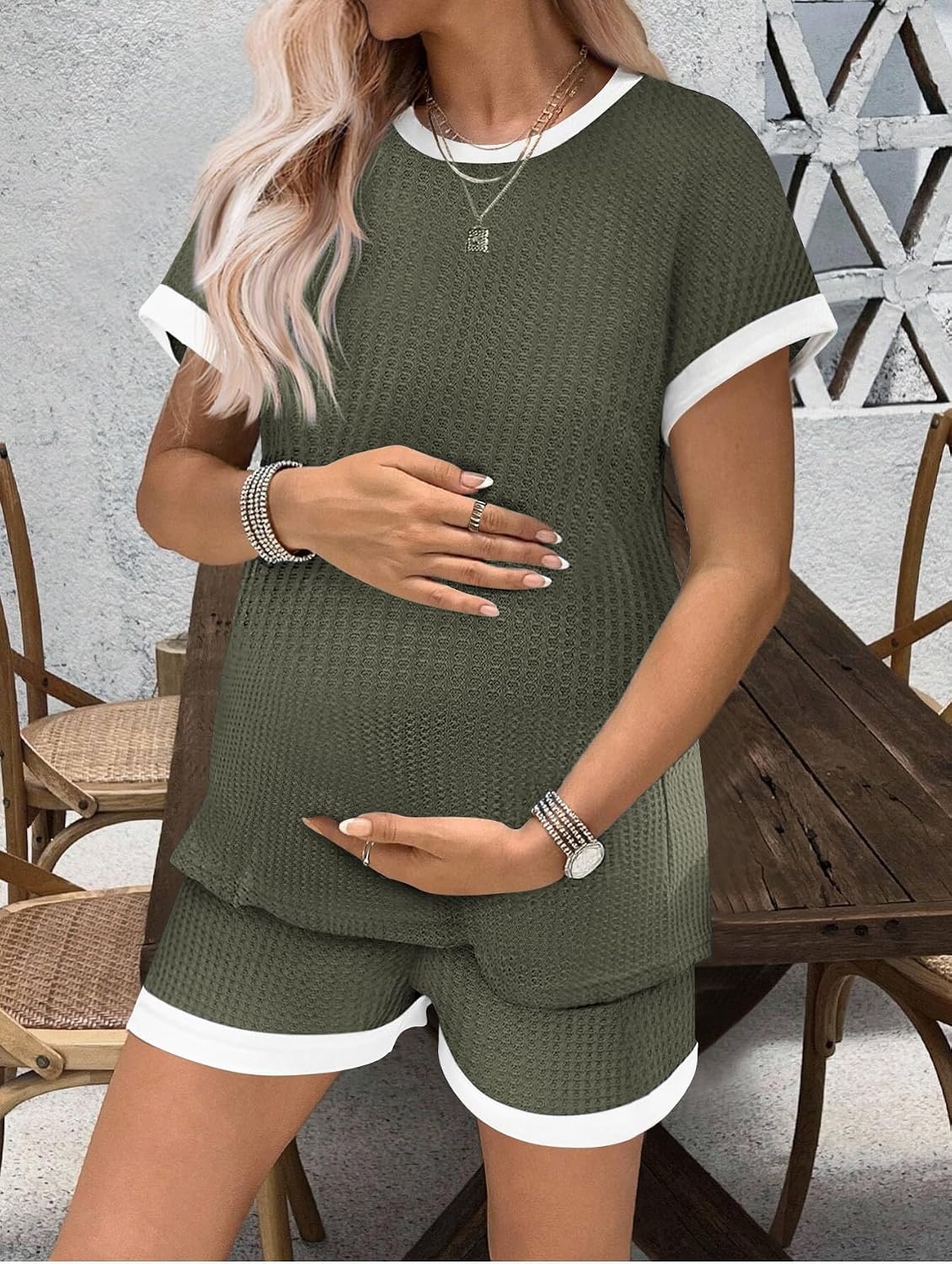 image:imageEkouaer Maternity Pajamas 2 Piece Outfits Waffle Knit Pregnancy SleepwearOlive Green