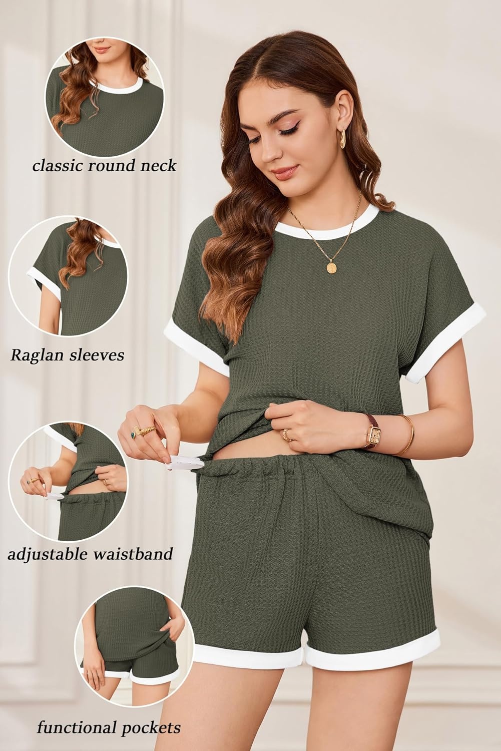 image:imageEkouaer Maternity Pajamas 2 Piece Outfits Waffle Knit Pregnancy SleepwearOlive Green