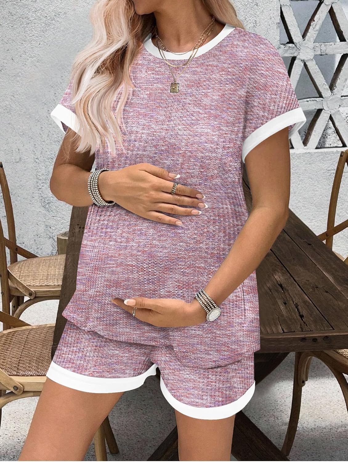 image:imageEkouaer Maternity Pajamas 2 Piece Outfits Waffle Knit Pregnancy SleepwearPink Print
