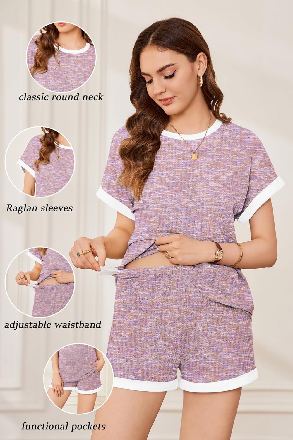 image:imageEkouaer Maternity Pajamas 2 Piece Outfits Waffle Knit Pregnancy SleepwearPink Print