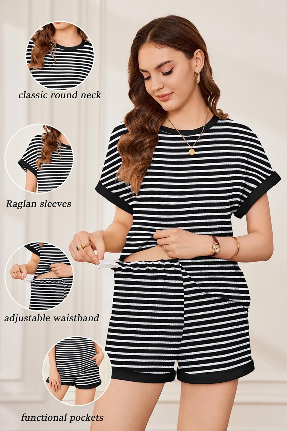 image:imageEkouaer Maternity Pajamas 2 Piece Outfits Waffle Knit Pregnancy SleepwearStripes Black