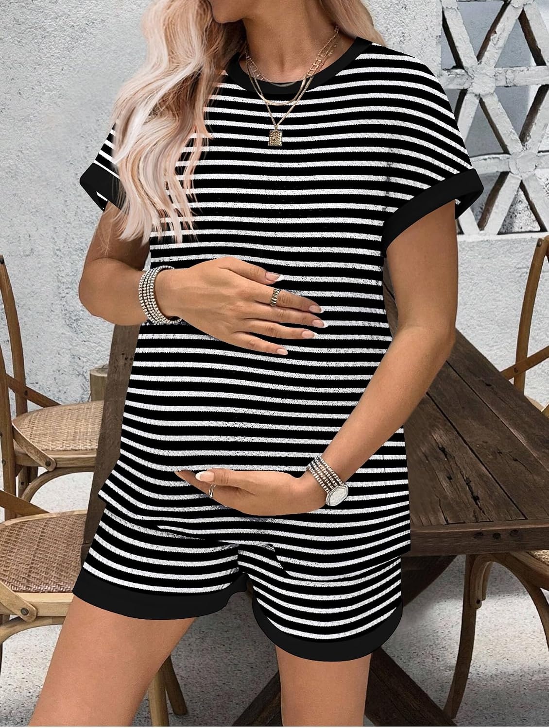 image:imageEkouaer Maternity Pajamas 2 Piece Outfits Waffle Knit Pregnancy SleepwearStripes Black