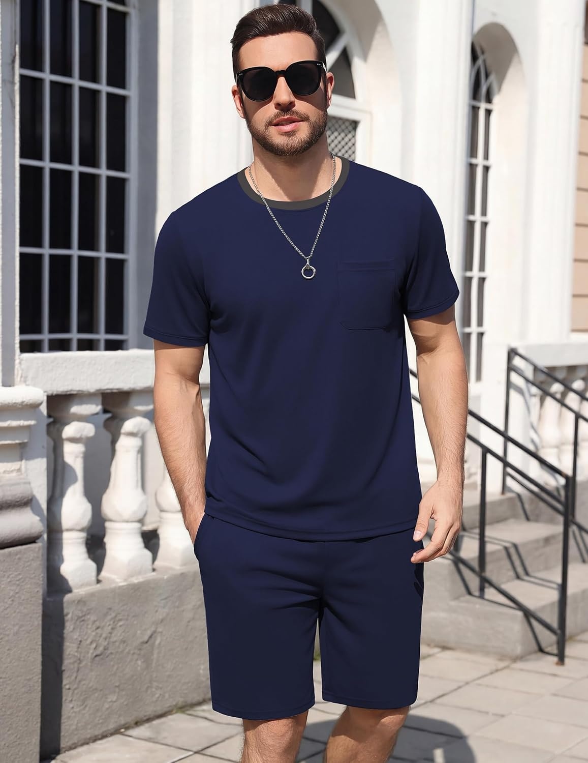 image:imageEkouaer Mens Pajamas Sets Shorts Soft Short Sleeve PjsNavy Blue