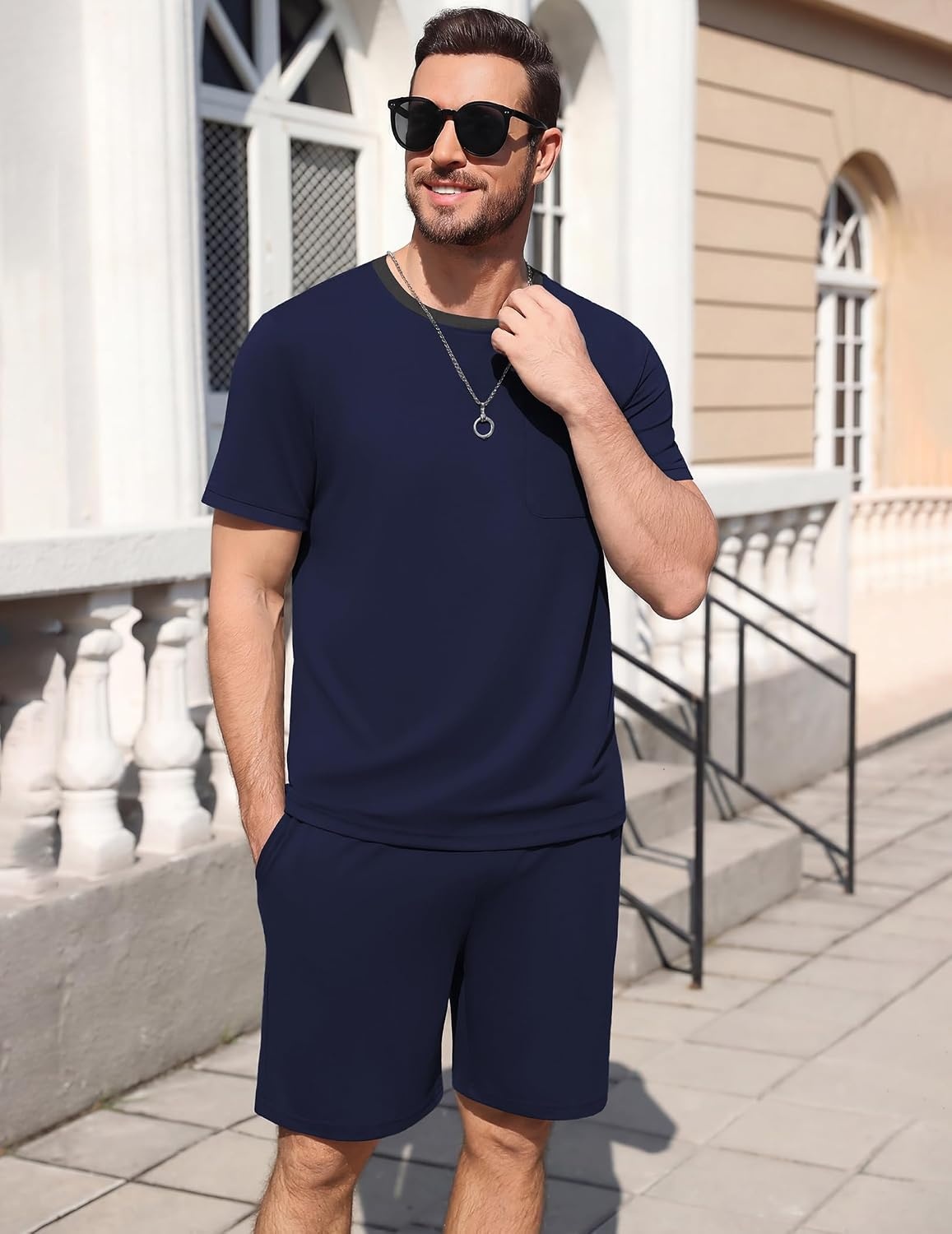 image:imageEkouaer Mens Pajamas Sets Shorts Soft Short Sleeve PjsNavy Blue