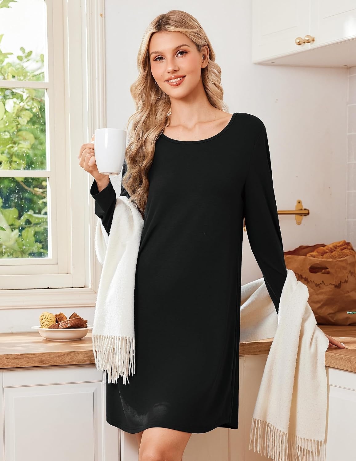 image:imageEkouaer Nightgowns for Women Bamboo Viscose Long Sleeve Sleep ShirtsBlack