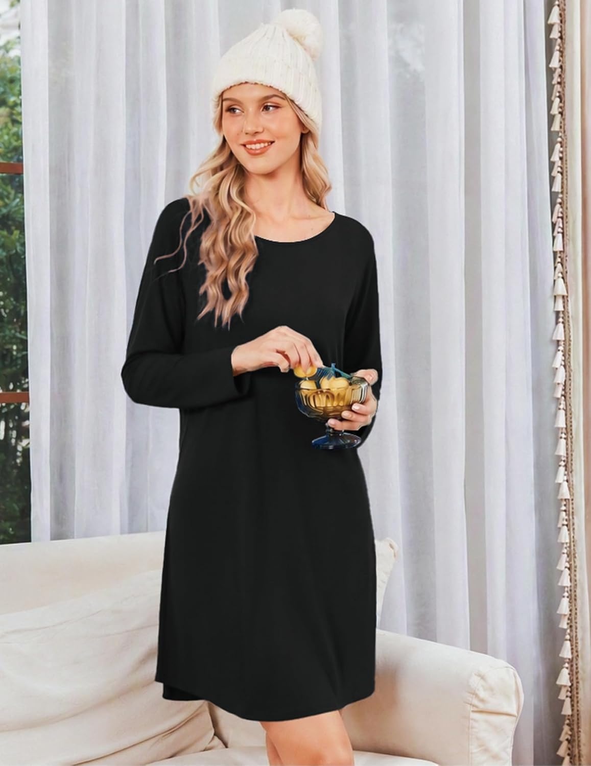 image:imageEkouaer Nightgowns for Women Bamboo Viscose Long Sleeve Sleep ShirtsBlack