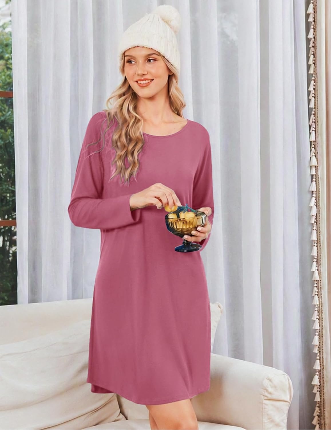 image:imageEkouaer Nightgowns for Women Bamboo Viscose Long Sleeve Sleep ShirtsCherry Red