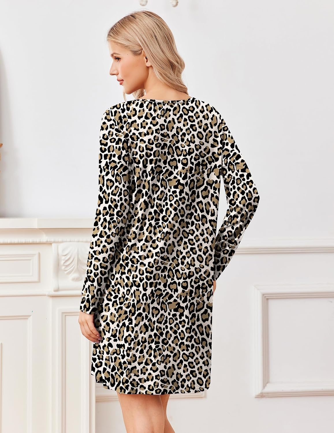 image:imageEkouaer Nightgowns for Women Bamboo Viscose Long Sleeve Sleep ShirtsLeopard