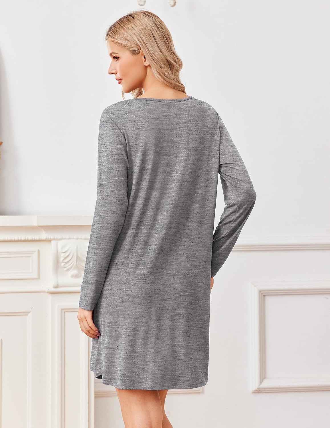 image:imageEkouaer Nightgowns for Women Bamboo Viscose Long Sleeve Sleep ShirtsLight Grey