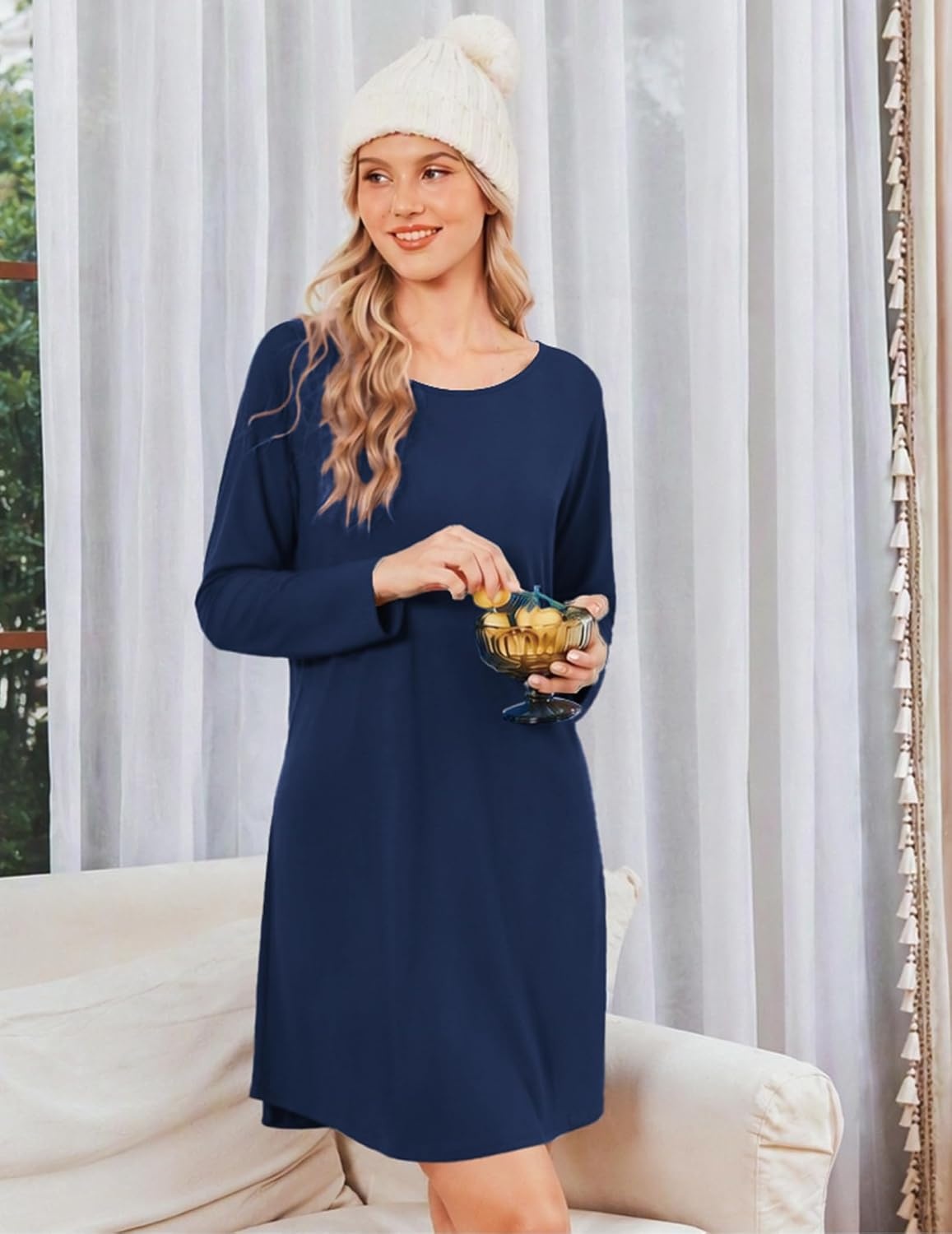 image:imageEkouaer Nightgowns for Women Bamboo Viscose Long Sleeve Sleep ShirtsNavy Blue