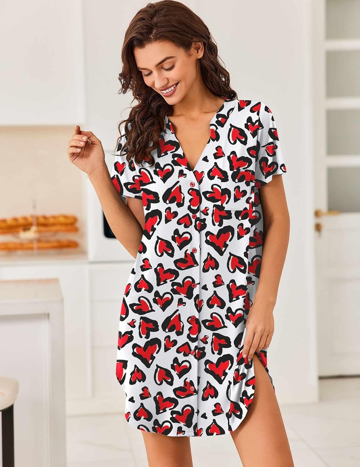 image:imageEkouaer Nightgowns for Women Button Down Sleepshirts V Neck Sleep DressPattern8heart