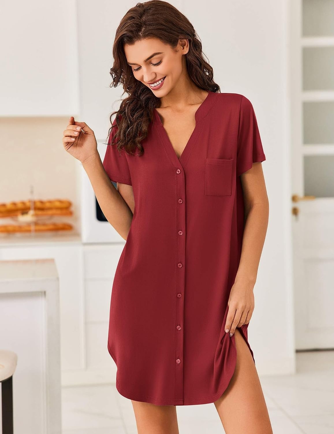 image:imageEkouaer Nightgowns for Women Button Down Sleepshirts V Neck Sleep DressRed