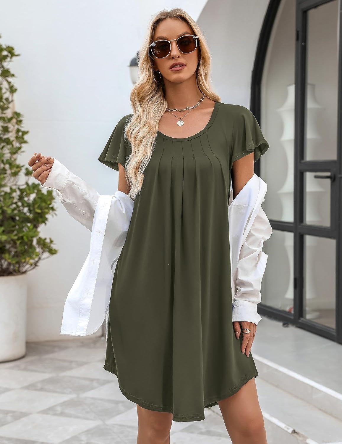 image:imageEkouaer Nightgowns for Women Pleated Moo Moos Short Sleeves House DressesArmy Green