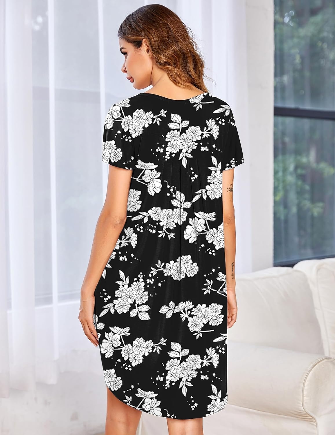 image:imageEkouaer Nightgowns for Women Pleated Moo Moos Short Sleeves House DressesBlack White Flower
