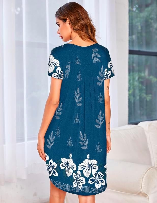 image:imageEkouaer Nightgowns for Women Pleated Moo Moos Short Sleeves House DressesFloral Blue