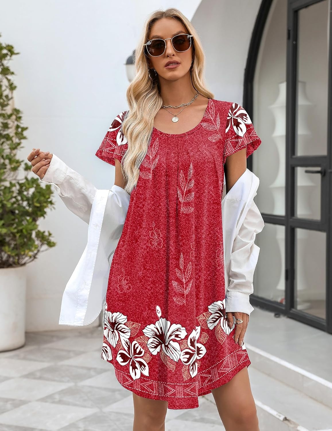 image:imageEkouaer Nightgowns for Women Pleated Moo Moos Short Sleeves House DressesFloral Red