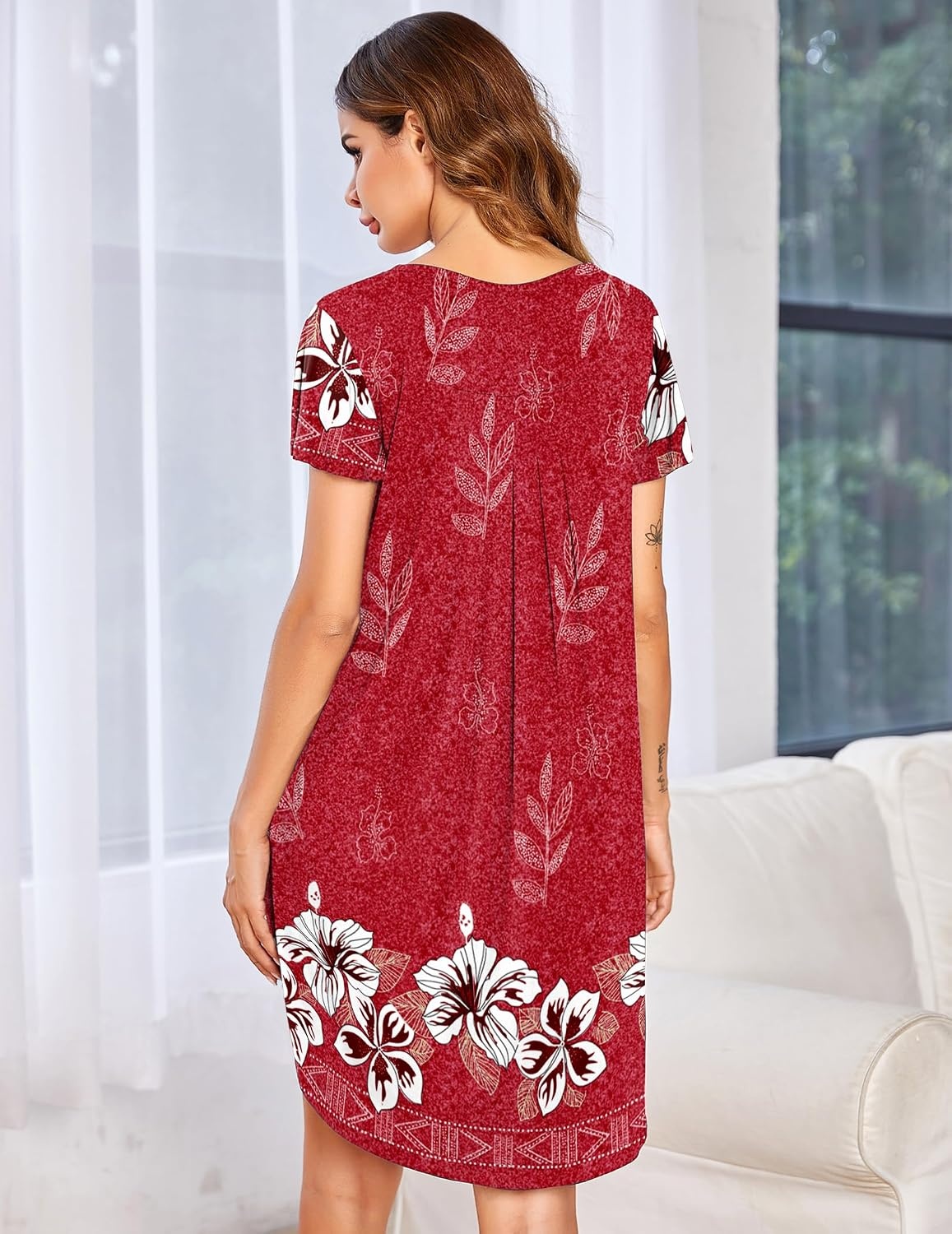 image:imageEkouaer Nightgowns for Women Pleated Moo Moos Short Sleeves House DressesFloral Red