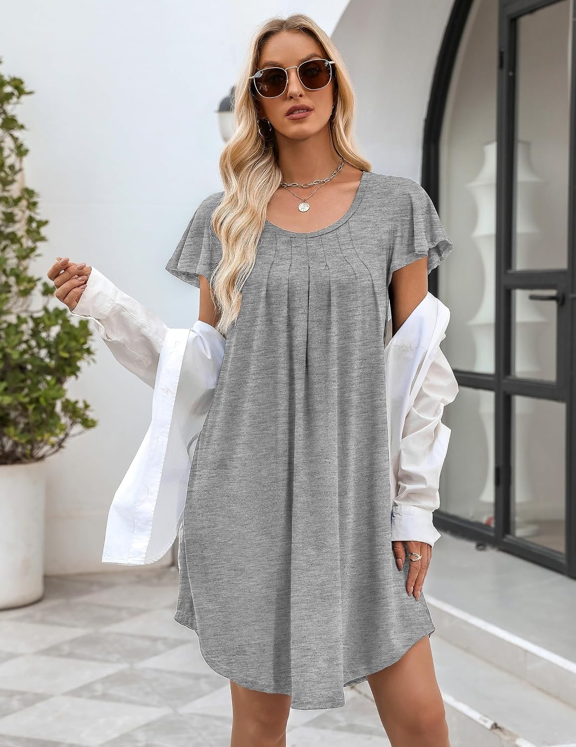 image:imageEkouaer Nightgowns for Women Pleated Moo Moos Short Sleeves House DressesGrey